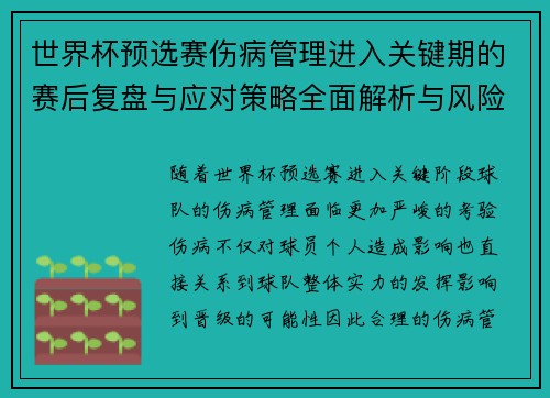 世界杯预选赛伤病管理进入关键期的赛后复盘与应对策略全面解析与风险控制